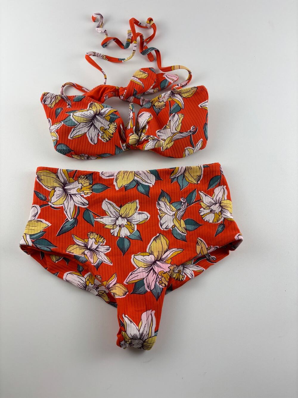 Eberjey Orange Floral Ribbed Bikini Set Small Tie Front High Waist